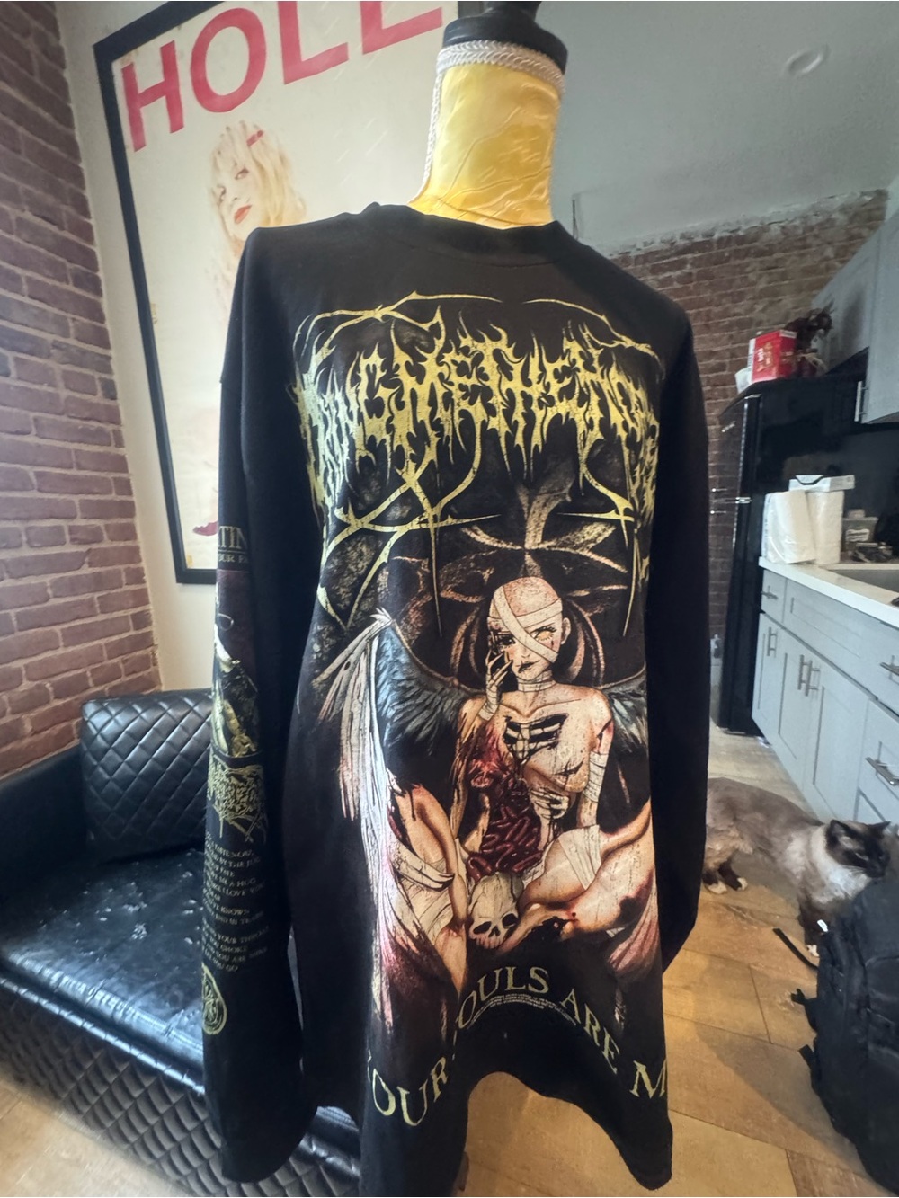 Black Graphic Long Sleeve Tee with Yellow Gothic Print